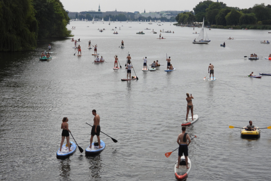 Am Wochenende waren viele Menschen auf der Alster in Booten, Kanus und vor allem auf Stand-up-Paddle-Boards unterwegs.