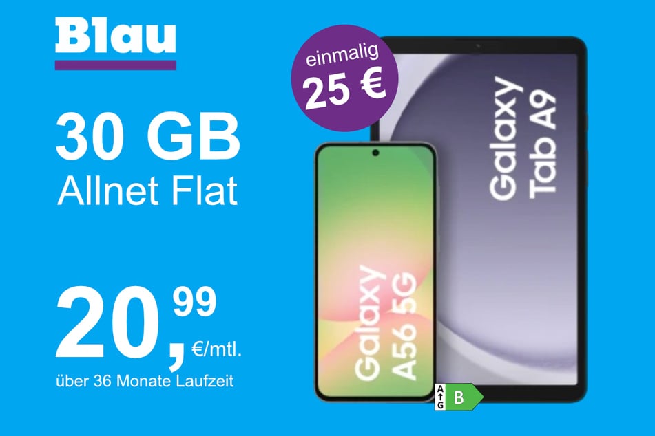 Das Samsung Galaxy A56 + Tab A9 im Blau Allnet L für einmalig 25 Euro.