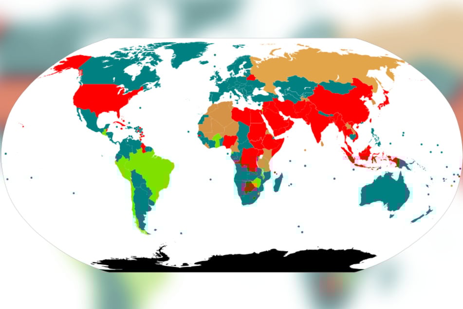 Status der Todesstrafe weltweit (Stand 2025, rot = vom Staat erlaubt und durchgeführt, blau = vollständig abgeschafft).