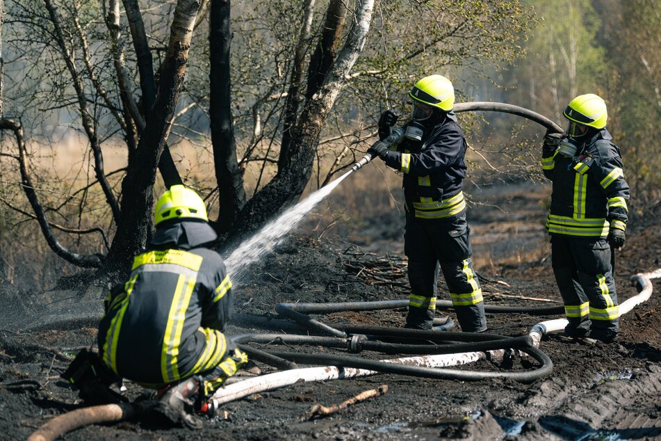 Kameraden legen mehrere Feuer, um Moorbrand nahe NRW zu bekämpfen