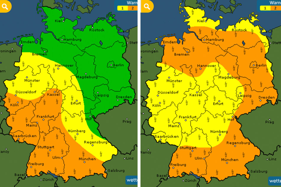 Die Gewitterwarnstufen (1 = gelb, 2 = orange, keine Gefahr = grün) am heutigen Samstag (l.) und morgigen Sonntag.