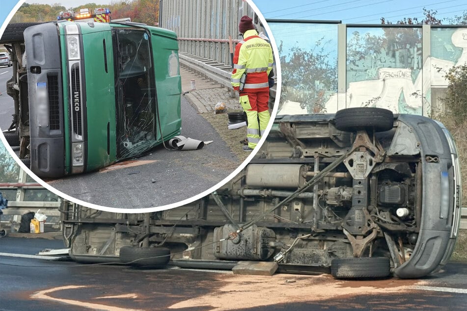 Unfall A17: Unfall auf A17: Transporter kippt nach Crash um