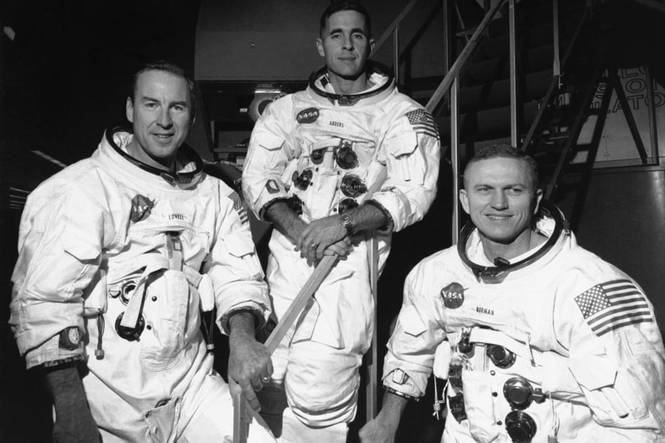 Die Astronauten der Apollo-8-Mission: James Lovell (95, v.l.) als Pilot der Kommandokapsel, William Anders (90) als Pilot der Mondlandefähre und Frank Borman (†95) als Kommandant.