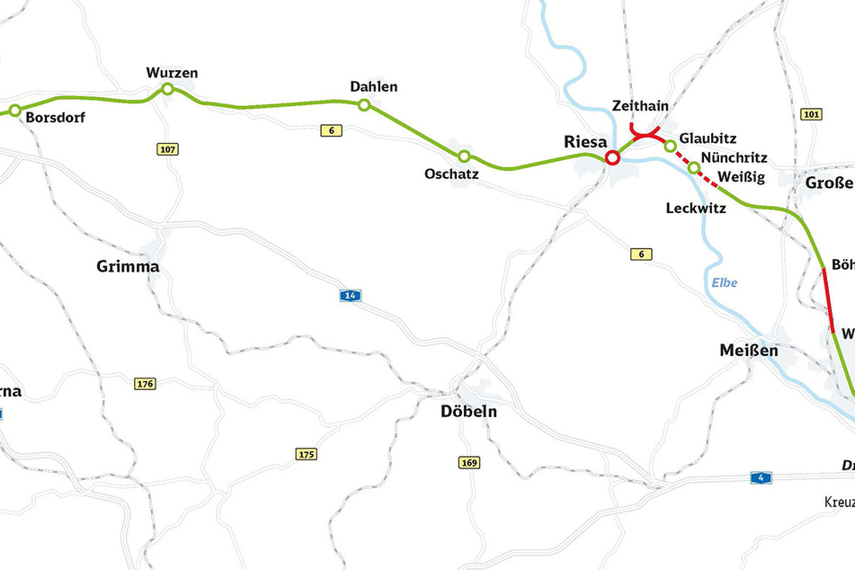 Die VDE 9 führt von Dresden nach Leipzig. Für höhere Geschwindigkeiten müssen bestimmte Streckenabschnitte (rot) ausgebaut oder erneuert werden.