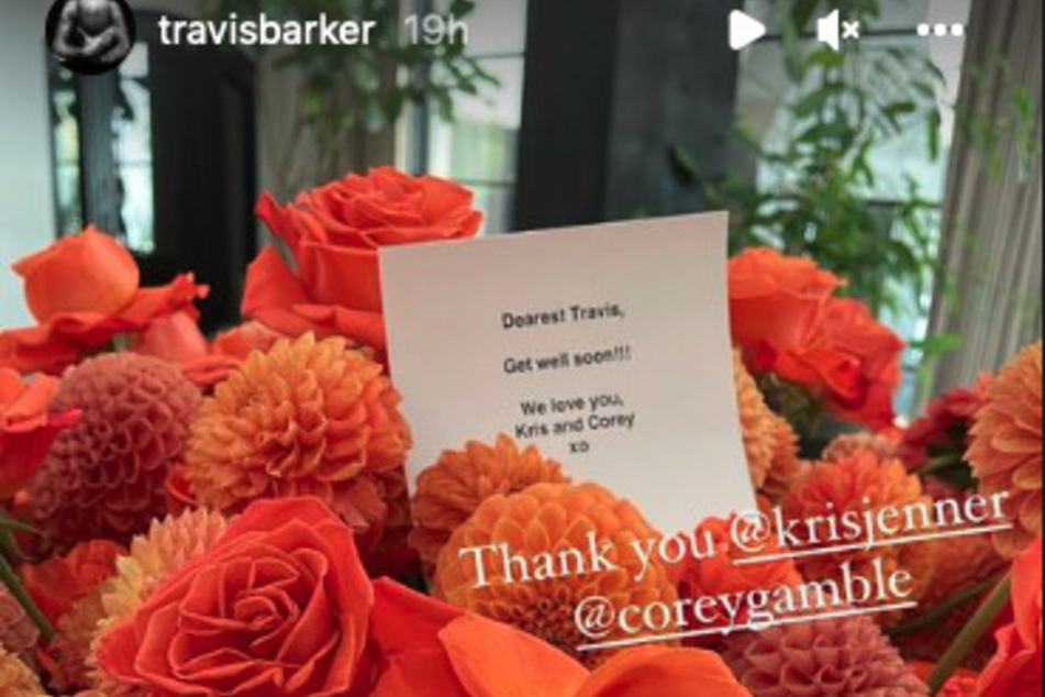 Travis Barker showed off the beautiful arrangement of flowers sent to him from Kris Jenner and Corey Gamble.