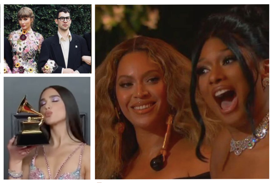 The night's winners (clockwise from top l): Taylor Swift and Jack Antonoff, Beyoncé and Megan Thee Stallion, Dua Lipa (collage).