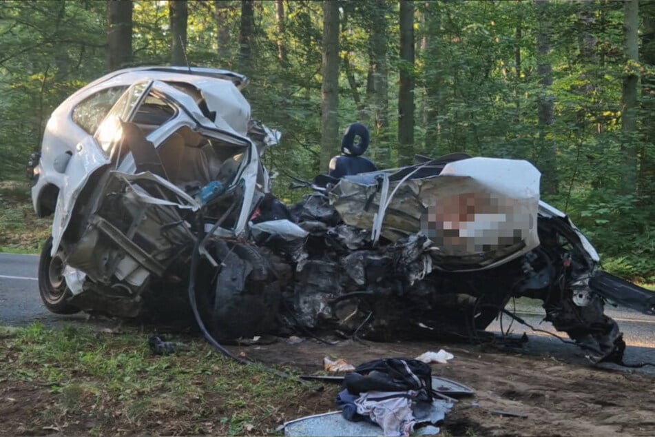 Durch den heftigen Zusammenprall mit dem Baum ist der Wagen förmlich in zwei Teile zerrissen worden.