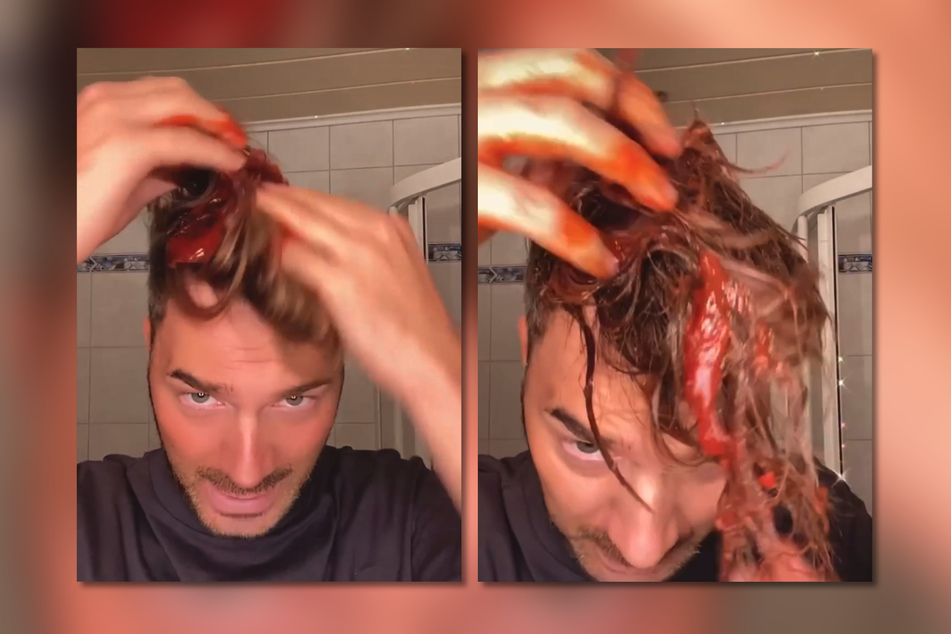 Es könnte auch eine Szene aus einem Horrorfilm sein: Sam Dylan (30) massierte die rote Soße in seine Haare.