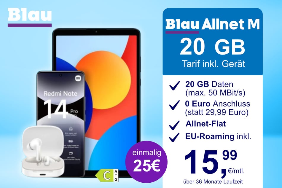 Das Xiaomi Redmi Note 14 Pro + Pad SE + Buds 6 im Blau Allnet M für einmalig 25 Euro.