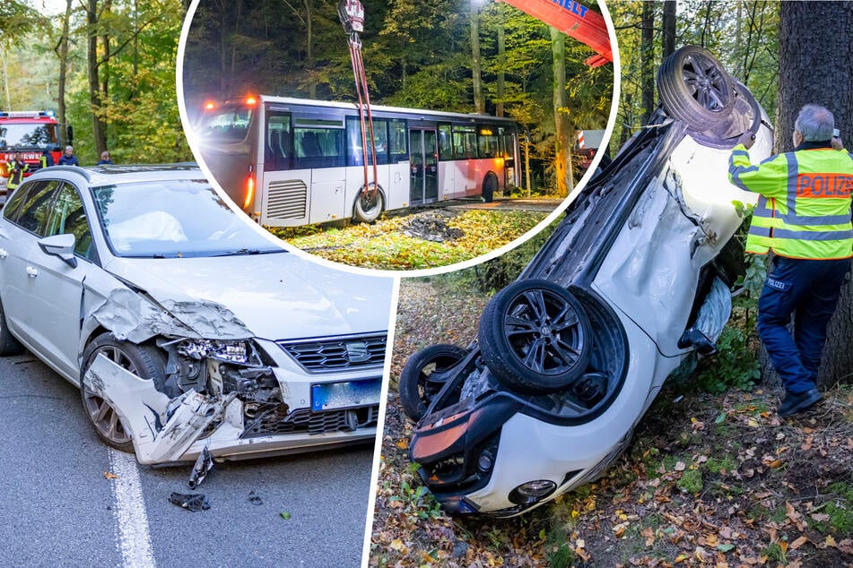 Heftige Karambolage in Sächsischer Schweiz: Hoher Sachschaden und Bus im Graben