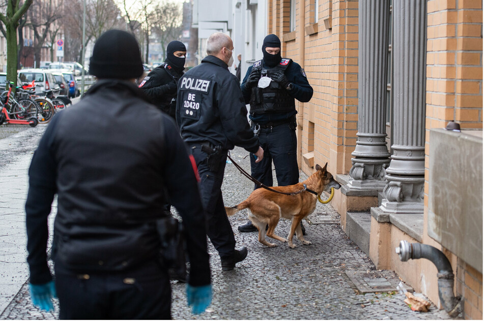 Polizisten gehen bei einer Razzia mit einem Hund in ein Haus.