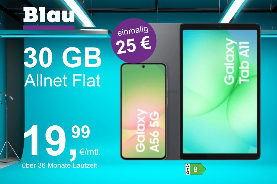 Das Samsung Galaxy A56 + Tab A11 im Blau Allnet L für einmalig 25 Euro.