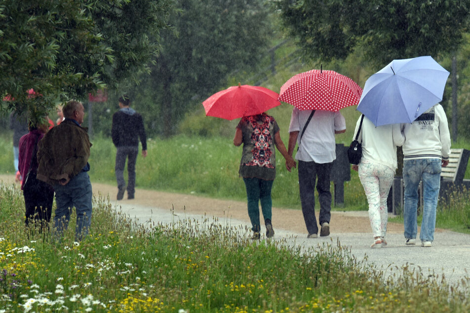 Spaziergänger schützen sich am Ufer des Phoenix Sees in Dortmund mit Schirmen vor dem Regen oder stellen sich unter einem Baum unter.