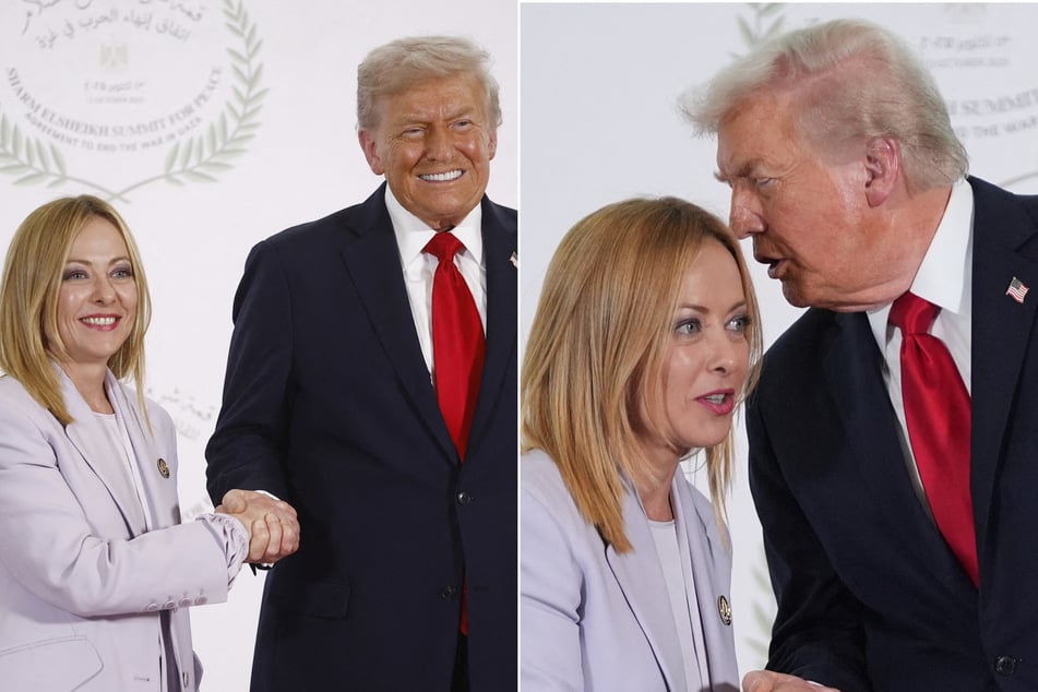 President Donald Trump (r.) gushed over "beautiful" Italian Prime Minister Giorgia Meloni while on stage at a Gaza summit in Egypt on Monday.
