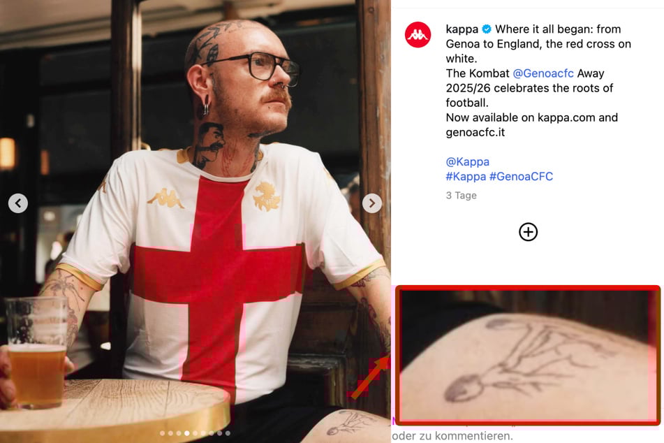Zwei Menschen in eindeutiger Pose zieren das Bein des Trikot-Models.