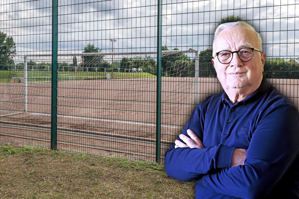 Der Hartplatz an der Eisenberger Straße ist nicht mehr zeitgemäß. Hier soll 2026 Kunstrasen hin. Vereins-Chef Frank Reichelt (77) vom TSV Rotation Dresden freut der Geldregen.