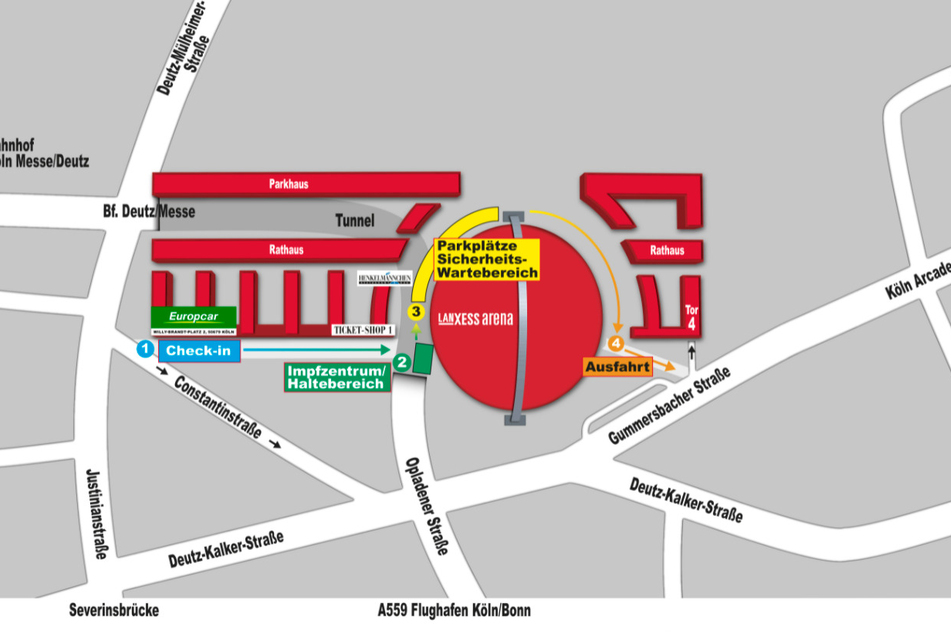 Die Karte zeigt das Impfzentrum an der Lanxess-Arena.