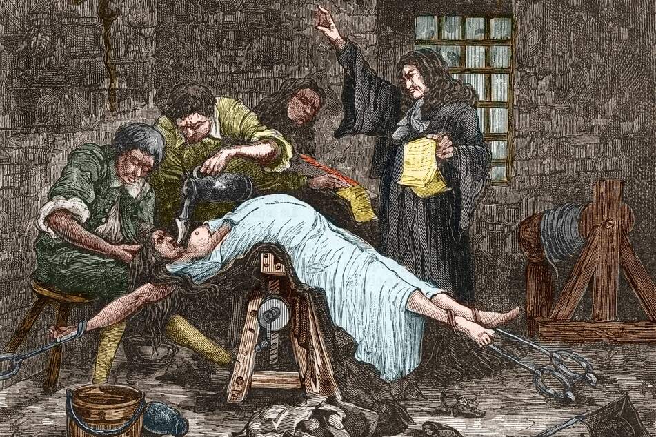 Folterung von Marie Madeleine de Brinvilliers kurz vor ihrer Hinrichtung.
