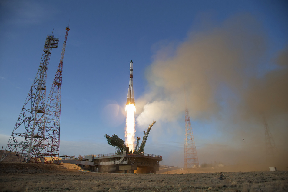 A Russian Soyuz rocket with the space freighter Progress MS-14 on board is launched from the launch pad of the cosmodrome in Baikonur to the International Space Station ISS.