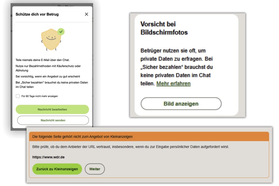 Kleinanzeigen weist in verschiedenen Sicherheitshinweisen darauf hin, dass bei der Funktion "Sicher bezahlen" keine privaten oder sensiblen Daten weitergegeben werden müssen - insbesondere nicht auf externen Websites.