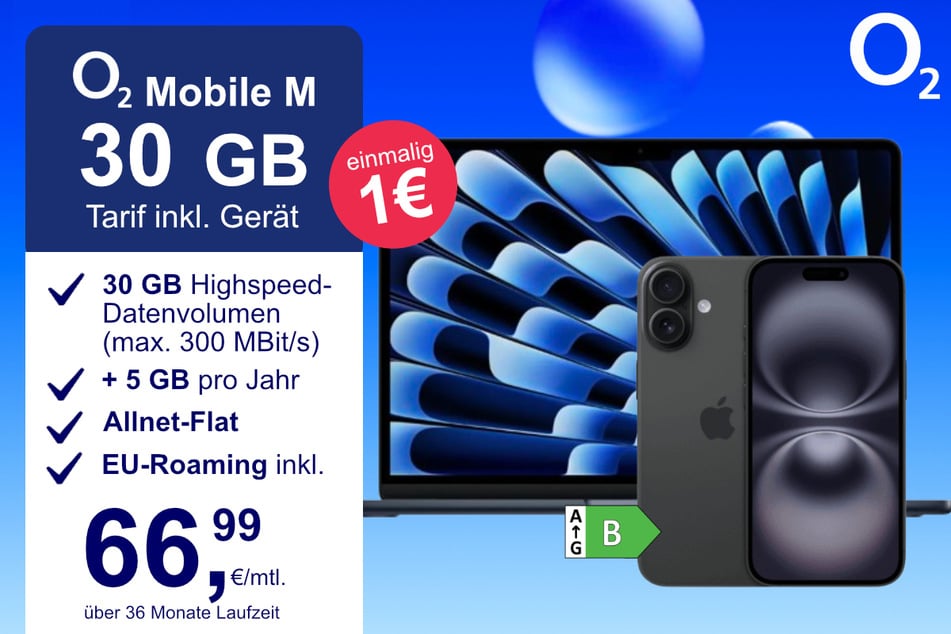 Das iPhone 16 + MacBook Air im o2 Mobile M für einmalig 1 Euro.