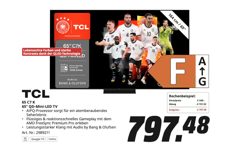 TCL-Fernseher 65C7K für 797,48 Euro.