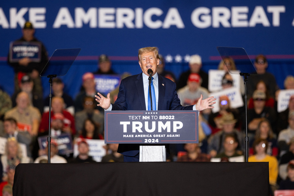 Republican presidential candidate former President Donald Trump delivers remarks during a campaign event on November 11, 2023 in Claremont, New Hampshire.