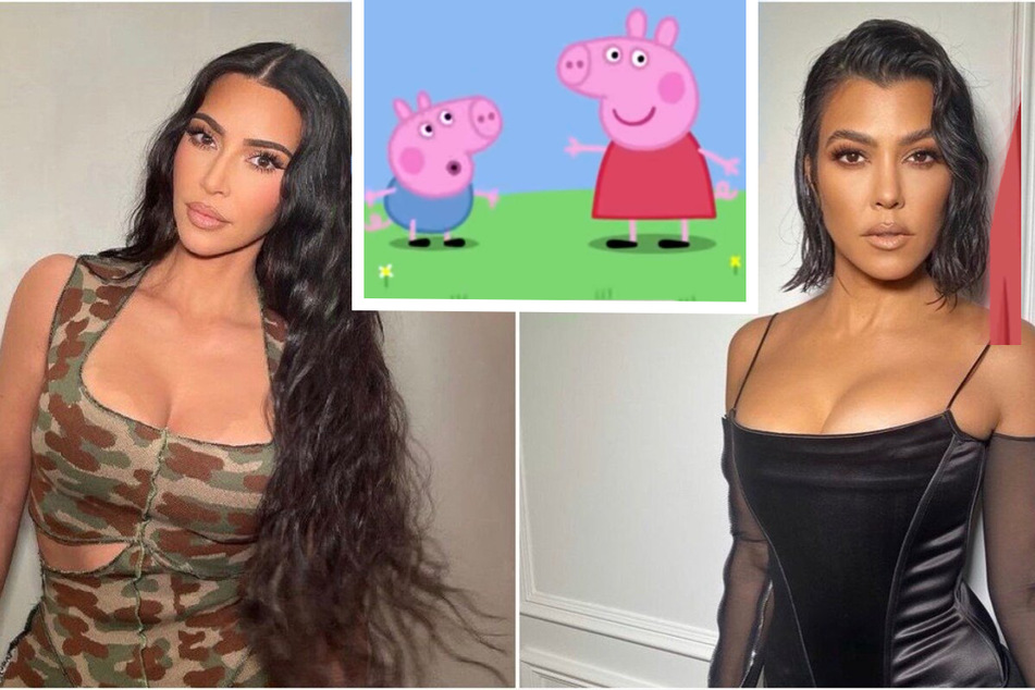 On Monday, Kourtney Kardashian (r:) jokingly shaded Kim Kardashian (l.) with a Peppa Pig (c.) meme.