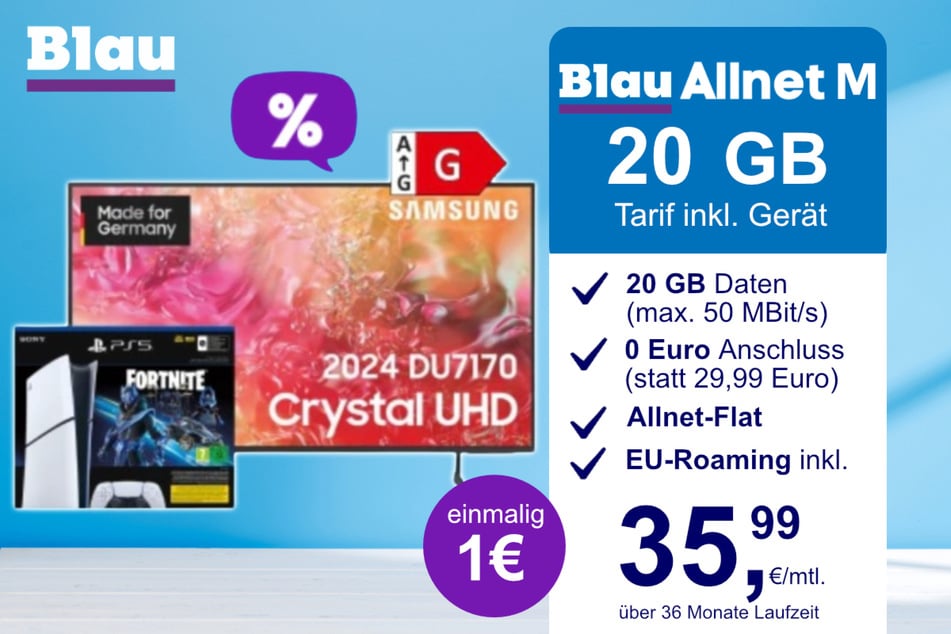 Der 65-Zoll Samsung-TV + PS5 Digital Slim Fortnite im Blau Allnet M inkl. 15 GB für einmalig nur 1 Euro.