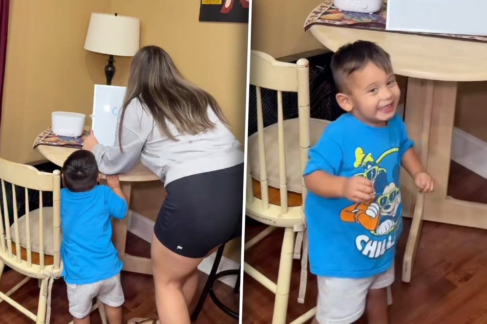 Natalie Corridori (25) schreibt einzelne Wörter an die Tafel. Ihr Sohn Ezra (2) liest sie stolz vor.