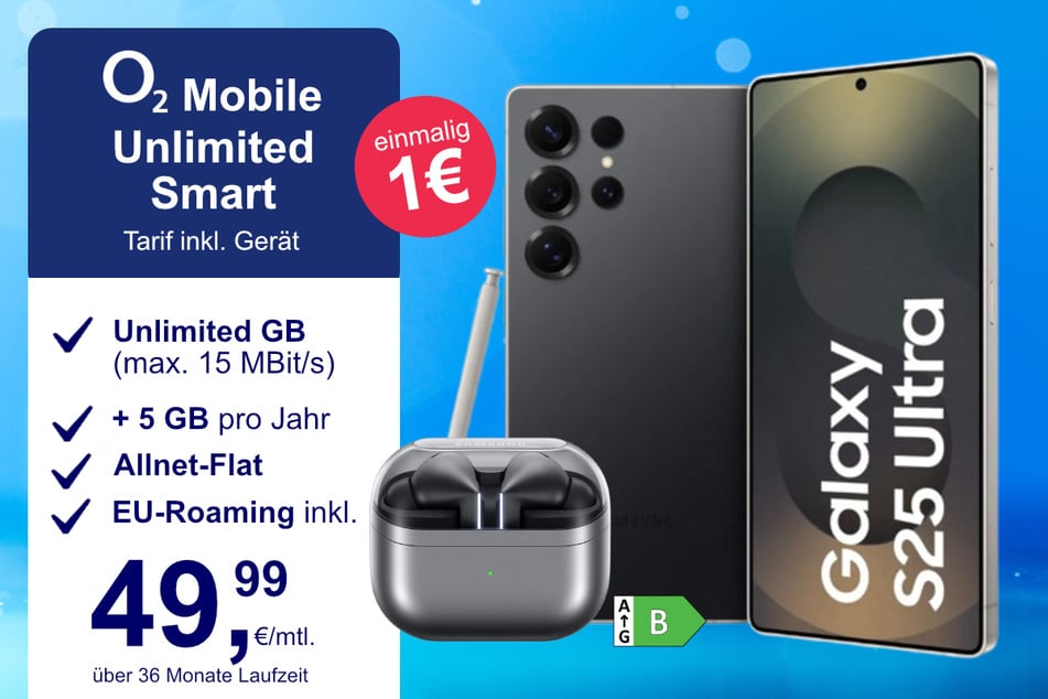 Das Samsung Galaxy S25 Ultra + Buds 3 Pro im o2 Mobile Unlimited Smart für einmalig 1 Euro.