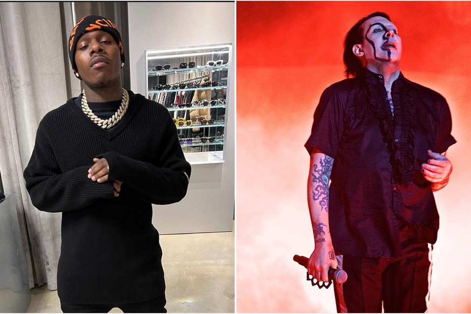 Controversial figures Marilyn Manson (r.) and DaBaby (l.) made appearances at the Donda 2 listening event on Tuesday.