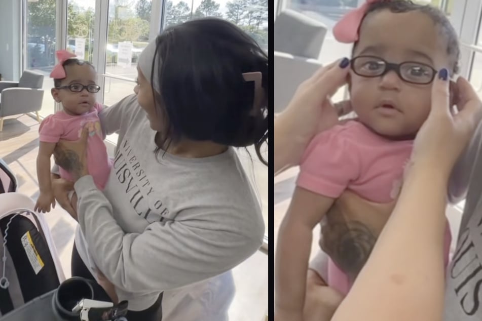 Die zehn Monate alte Lennix bekommt zum ersten Mal eine Brille aufgesetzt. Plötzlich kann das Kind scharf sehen.