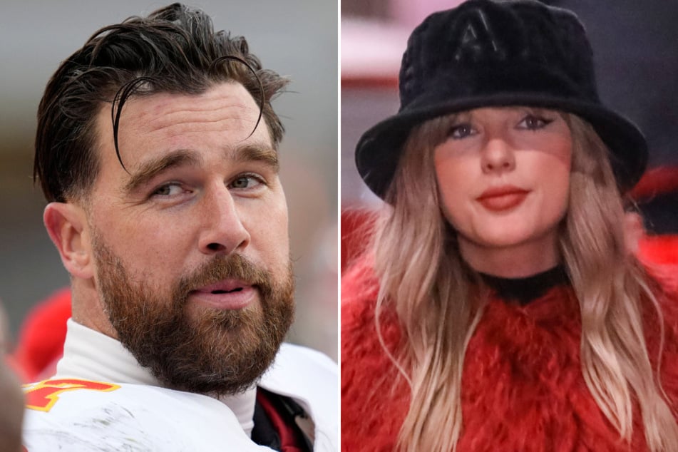 Taylor Swift (r.) and Travis Kelce were spotted enjoying a rainy and romantic date in New York City on Saturday night.