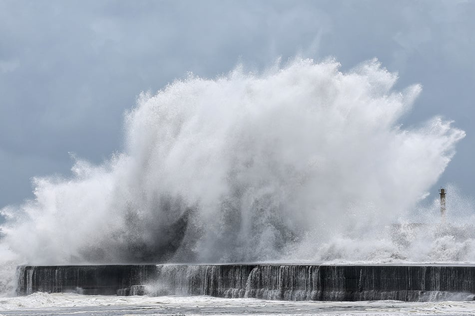 Strong waves break along the coast on July 10, 2026, as Typhoon Bavi moves toward Northeastern Taiwan