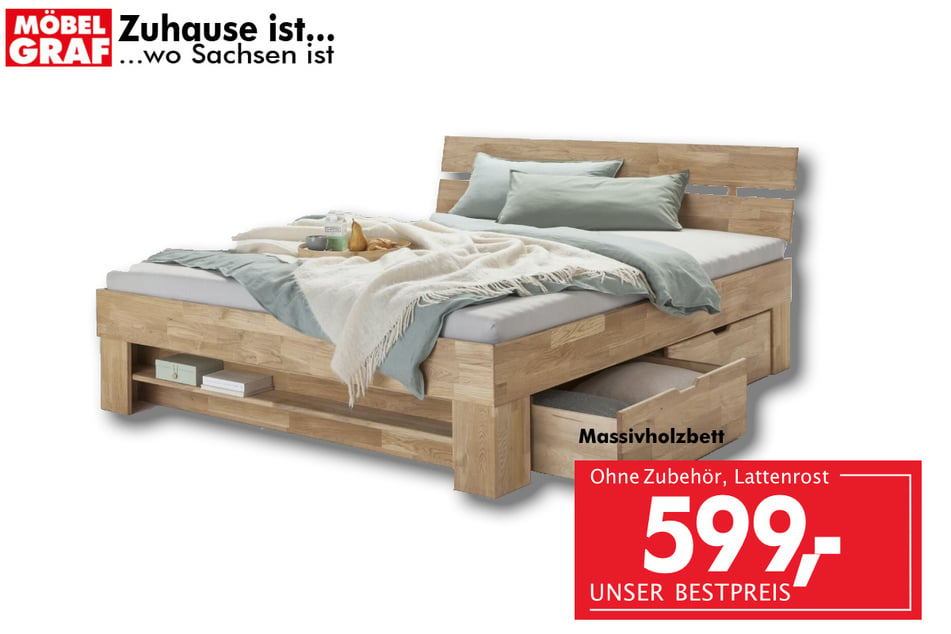 Massivholzbett für 599 Euro.