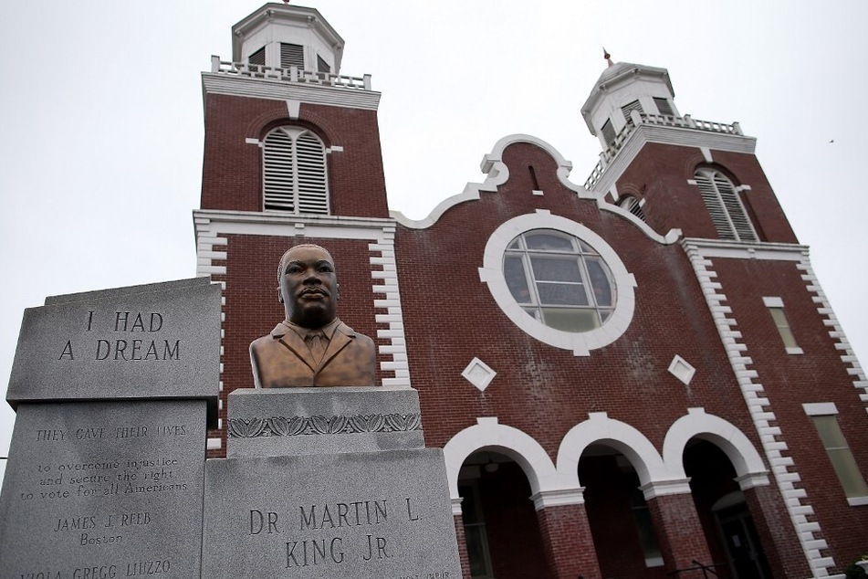 A bust of the Rev. Dr. Martin Luther King Jr. is displayed in front of the Brown Chapel AME Church in Selma, Alabama.