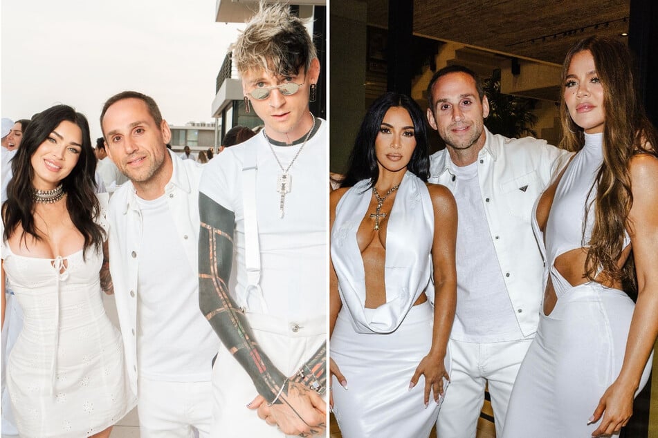 Megan Fox (l.) and Machine Gun Kelly (center l.) joined Kim (center r.) and Khloé Kardashian (r.) at the A-list Hamptons white party.