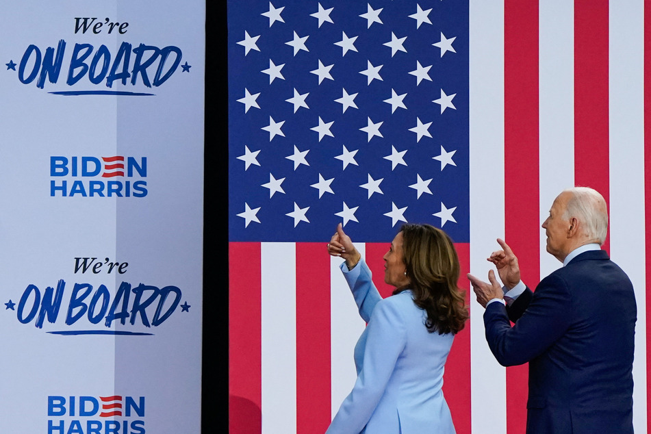 President Joe Biden and Vice President Kamala interact with supporters as they leave a campaign event at Girard College in Philadelphia, Pennsylvania.