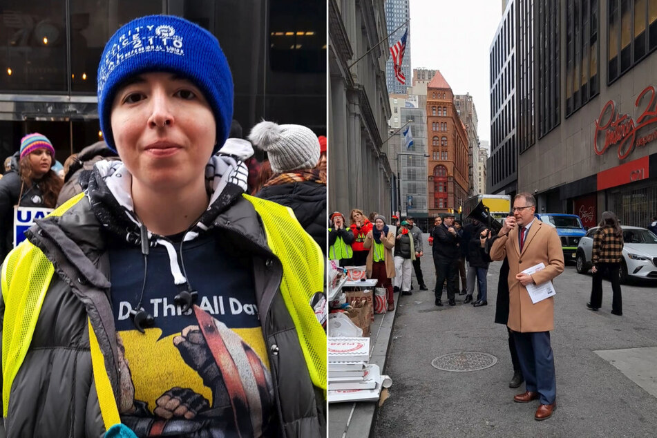 Stephanie Guerdan, associate editor at HarperCollins Children's Books and a shop steward for the union, and Manhattan Borough President Mark Levine at the rally on Tuesday.