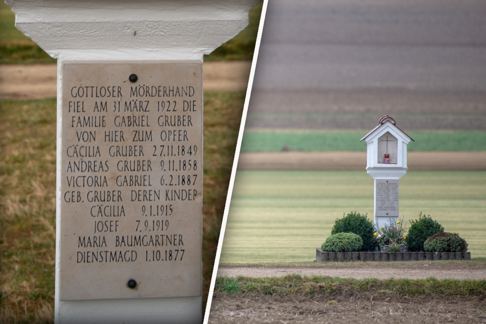 Ein Marterl erinnert an den Hof Hinterkaifeck. In der Nacht zum 1. April 1922 wurden hier auf einem Einödhof bei Schrobenhausen sechs Menschen ermordet.