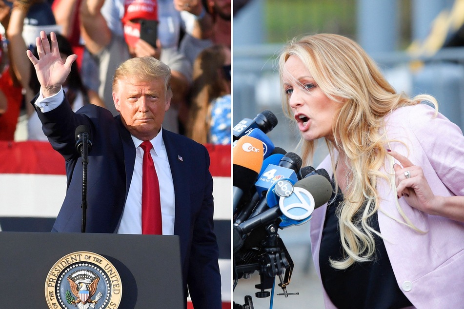 During a recent interview, the husband of Stormy Daniels (r.) said the couple may leave the country if Donald Trump (l.) is acquitted in his hush money trial.