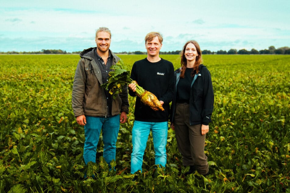 Landwirt Cay Hüneke (v.l.), fritz-kola-Geschäftsführer Mirco Wolf Wiegert und Leonie Schröter (Key Account Manager bei Klim) auf dem regenerativen Zuckerrübenfeld.
