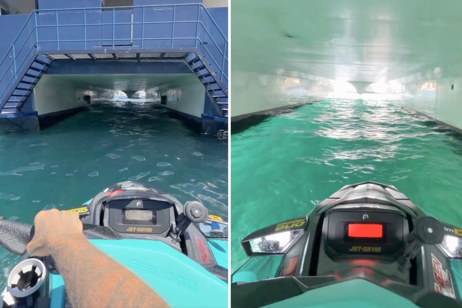 In einem veröffentlichten Video ist Kevin zu sehen, wie er mit seinem Jetski unter mehreren Fähr-Katamaranen hindurchfährt.