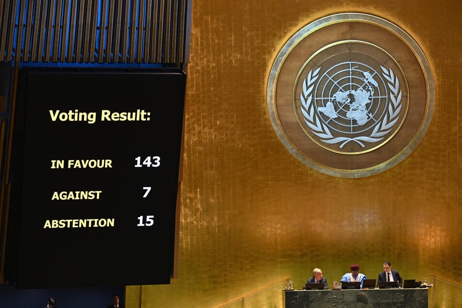 Countries vote on a motion related to the "Pact for the Future" resolution during the "Summit of the Future" on the sidelines of the UN General Assembly at the United Nations Headquarters in New York on Sunday.