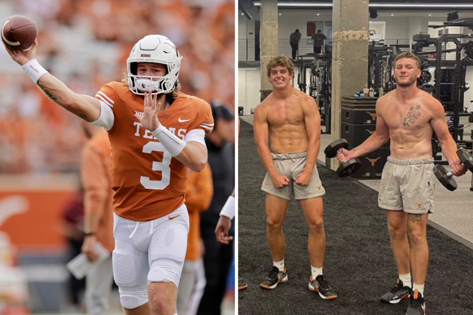 College football fans playfully teased Quinn Ewers (l.) about Arch Manning (c.) possibly replacing him after Texas' recent Twitter post faux pax.