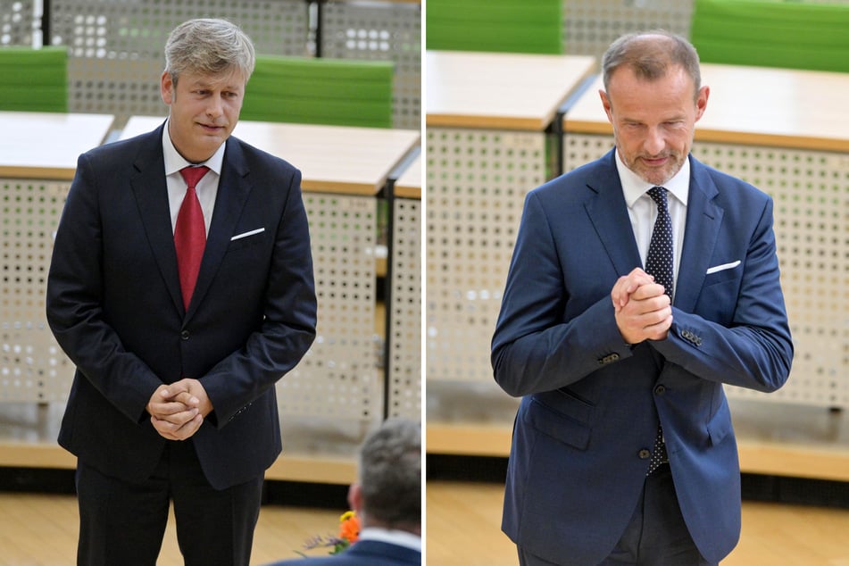 Albrecht Pallas (44, SPD, l.) brauchte drei Wahlgänge. Jörg Scheibe (64, BSW) war zerknirscht nach seiner Wahlniederlage.