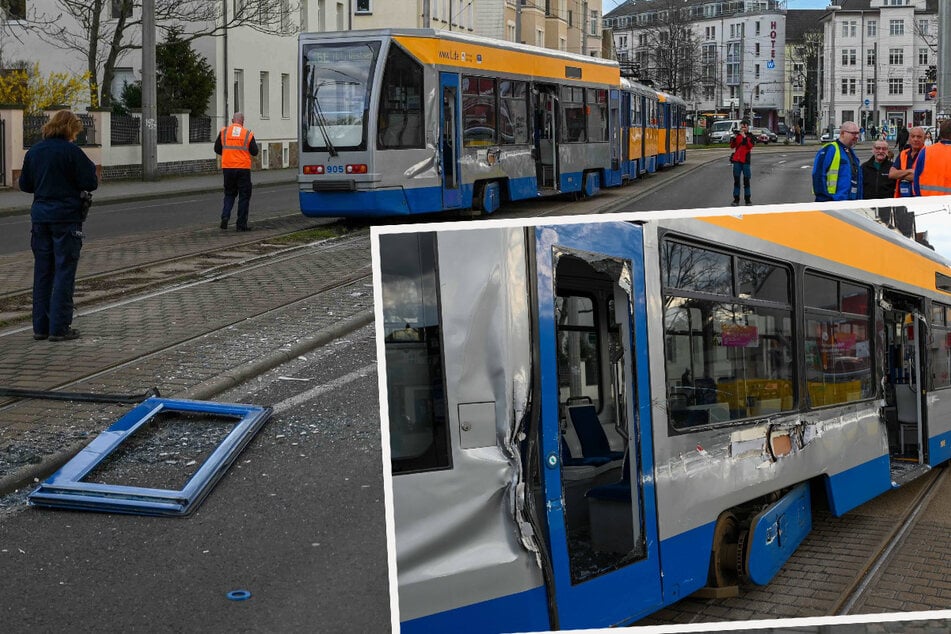 Lkw-Auflieger schlitzt beim Abbiegen Waggon von Leipziger Tram auf
