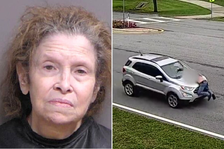 An elderly woman in Florida got into a hit-and-run and was caught on video fleeing the scene with the other driver hanging from the hood of her car.