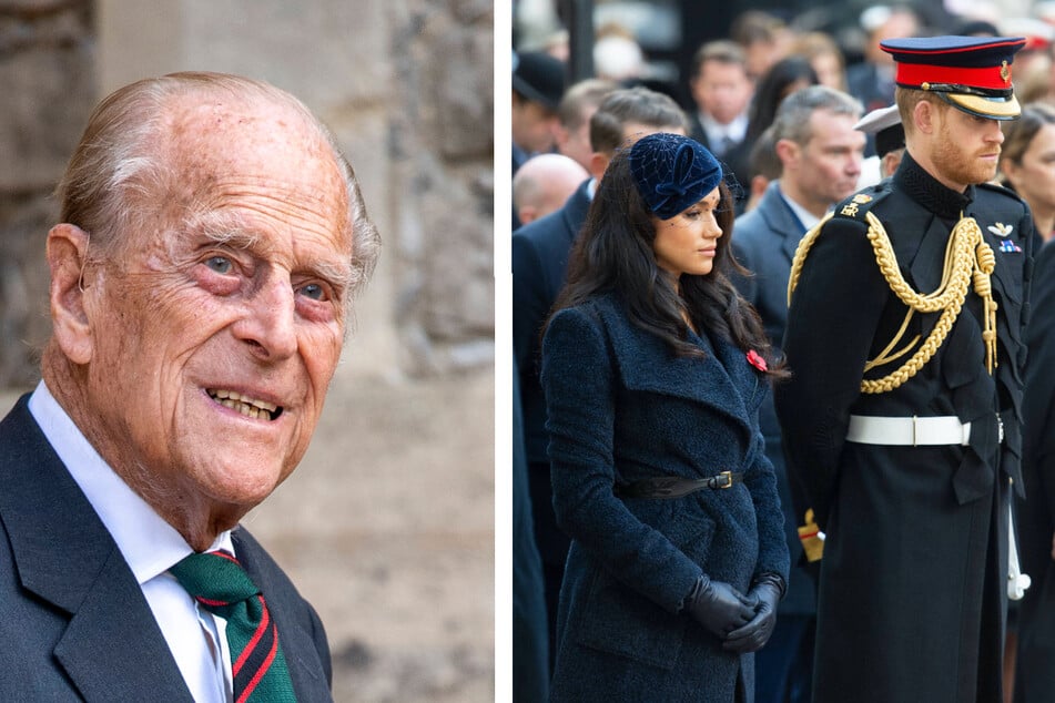 Prince Harry (r.) returns to the UK ahead of the funeral of his grandfather, Prince Philip (l.).